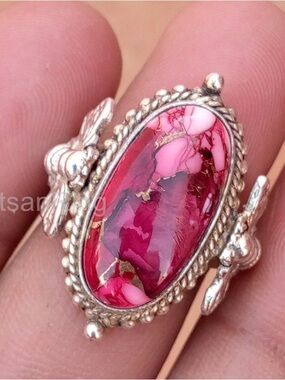 Handcrafted Pink Rose Dahlia Turquoise Bee Ring - Women Jewelry